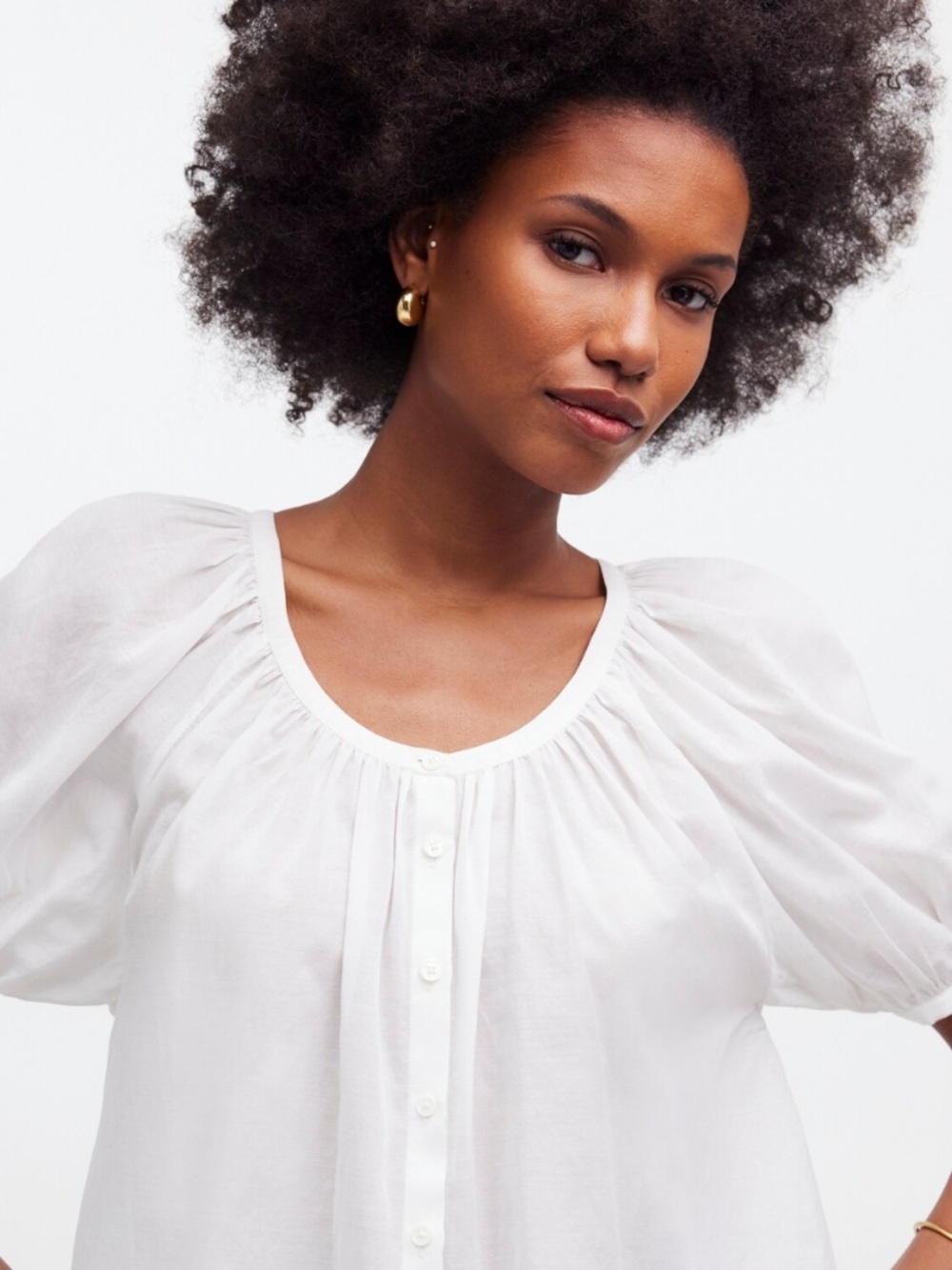 Madewell Puff Sleeve A Line Voile Button Front Blouse Cream White